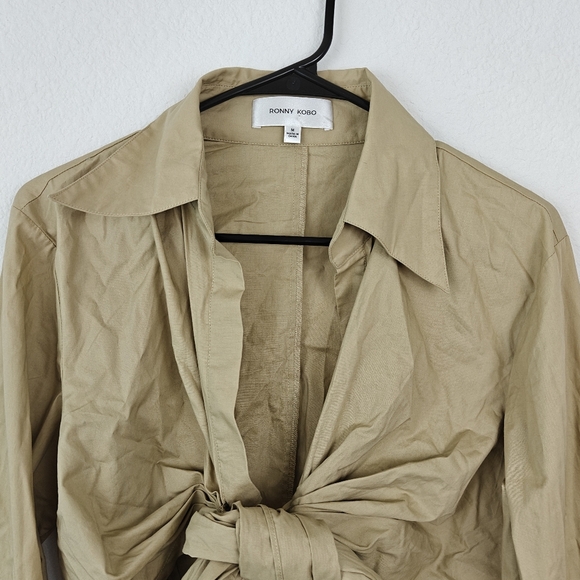 Ronny Kobo Palmer Cotton Poplin Long Sleeve Bare Midriff Tie-Back Tan Top Medium - Picture 7 of 15